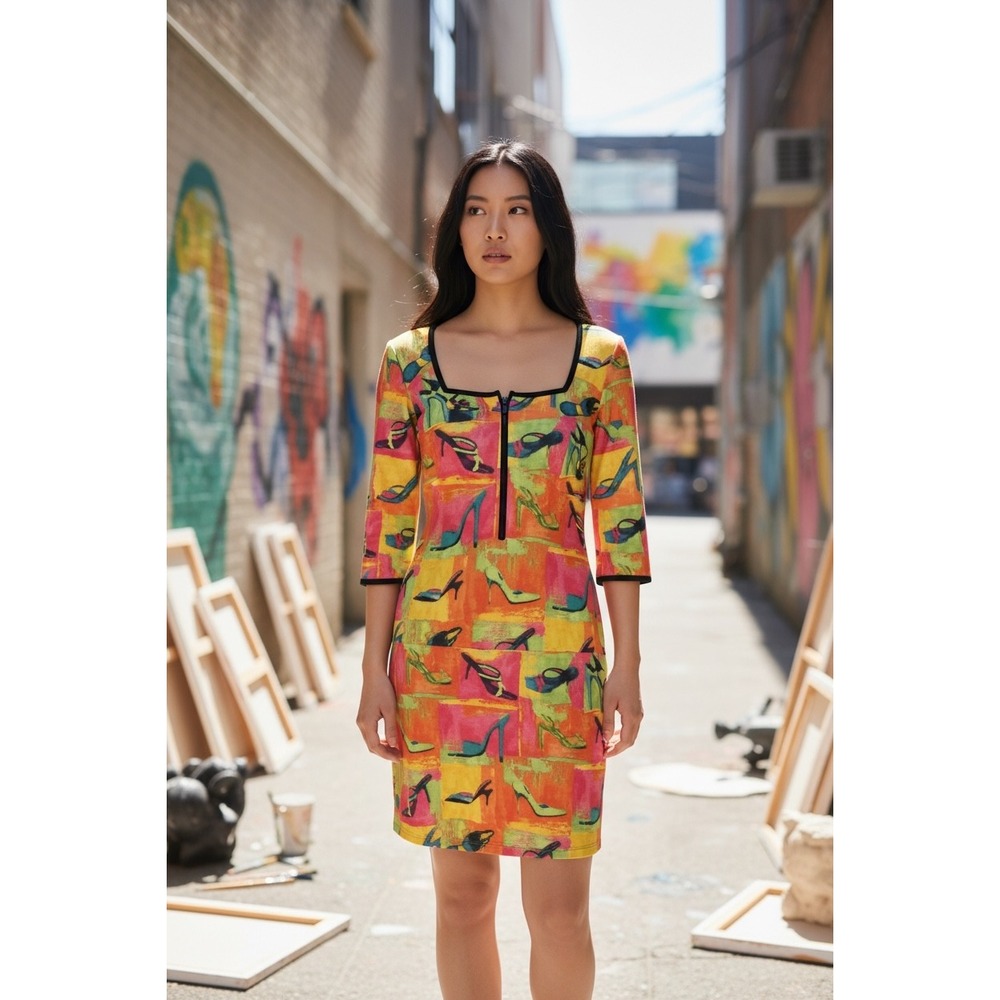 Jindy Segal Vintage 80s Watercolor Shoe Print 2 Piece Dress Set Abstract Midi M